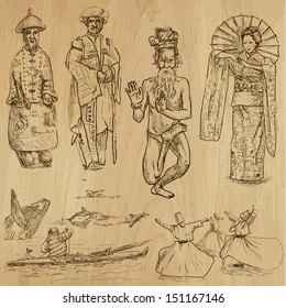 People and customs around the World (set no.4). Collection of hand drawn illustrations (originals, no tracing). Each drawing comprise of two layers of outlines, colored background is isolated.