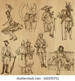 People and customs around the World (set no.11). Collection of hand drawn illustrations (originals, no tracing). Each drawing comprises of two layers of outlines,the colored background is isolated.