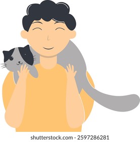People and Cute Cat Illustration Isolated on White Background. Vector Character in Flat Style.