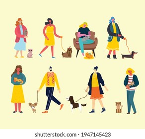 People with cute dogs and cats and petsaround in the flat style