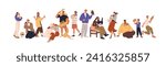 People with cute pet cats, dogs, parrots, rabbit and boa. Happy animal owners group with hamster, rat, owl, turtle and exotic iguana in hands. Flat vector illustration isolated on white background