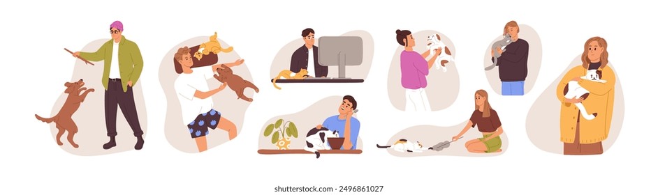 People with cute pets set. Happy owners and their domestic animals sleep, work, play, walk together. Men and women love, care about cats, dogs. Flat isolated vector illustrations on white background