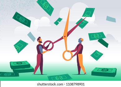 People are cutting the banknotes that fall down from the sky