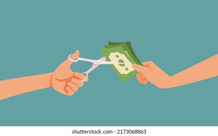 
People Cutting Money with Scissors Vector Cartoon Illustration. Inflation decreasing purchasing power by cutting off income earnings
