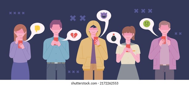 People are cyberbulling with bad reviews on social networks. flat design style vector illustration.