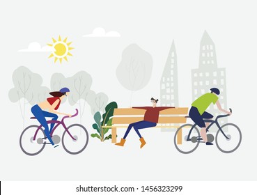 People cycling in the City. Street with skyscrapers at the background
