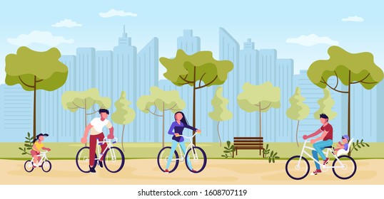 People Cycling in summer Park horisontal banner. City Building Panorama, Family with child riding a bicycle. Active Leisure Healthy Lifestyle Outdoors concept. Flat Art Vector Illustration