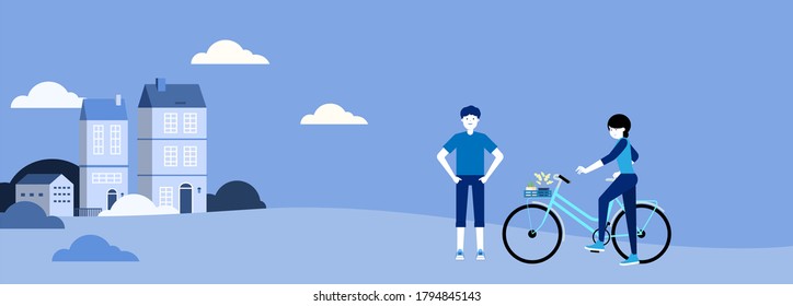People cycling and walking in rural towns. vector illustration.