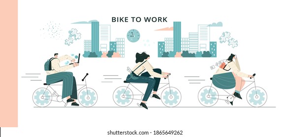 People cycling to work. Business person on bike. Urban character riding on bicycle. Employee commuting by bike. Cycle commute in the city.  Corporate bicyclists ride to job. Flat vector illustration 