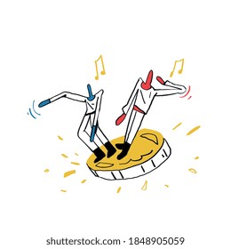 People Dacing on Big Coin. Concept of Happy Investment. Trendy Illustration and Modern with Bold Line and primary colors