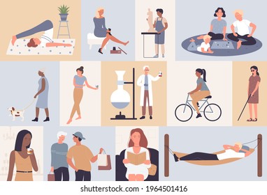 People daily activity vector illustration set. Cartoon active young old man woman characters walking training cycling reading shopping, happy family and kid play game, day life scenes background