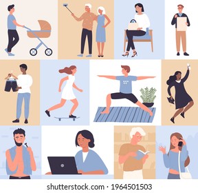 People daily activity vector illustration set. Cartoon active everyday life routine scenes, male female characters walking with baby carriage, shopping, doing yoga sport exercise outdoors and selfie