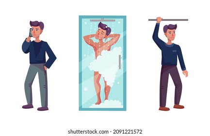Conjunto de rutina de la gente a diario. Hombre duchándose, hablando por teléfono y usando ilustración vectorial de dibujos animados de transporte público
