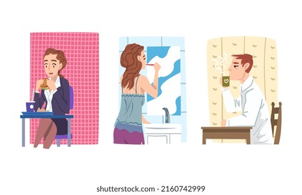 People daily routine set. Woman brushing her teeth in Bathroom and eating burger in cafe. Man drinking coffee on breakfast cartoon vector illustration