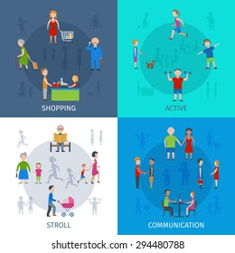 People daily situation shopping active stroll and communication flat color icon set isolated vector illustration