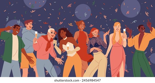 People dance. Celebrating party. Disco club. Friends fun. Music night. Alcohol drinks and confetti. Holiday event. Dancers group. Karaoke discotheque. Young persons dancing. Vector nightclub crowd