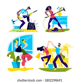 People dance cleaning house. Set of cartoon characters dancing while doing housework. Funny men and women enjoy housekeeping, vacuum cleaning, sweeping, washing windows. Vector illustration