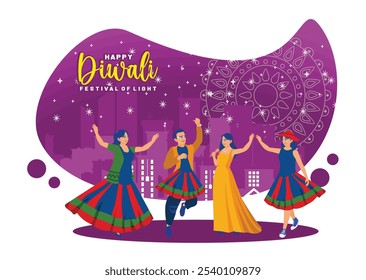 People dance during Diwali celebrations. Traditional festivals are celebrated by Hindus. Diwali Festival concept. Flat vector illustration.