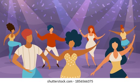 People dance floor. Happy women and men dancing on disco party. Cartoon dancers in nightclub concert. Music fun night in club vector concept. Illustration nightclub dancing, party and disco