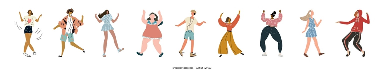 People dance happily while listening to music with headphones. Joy and fun concept. Diverse modern men and women dancing to music. Flat vector illustration. Isolated on white background.