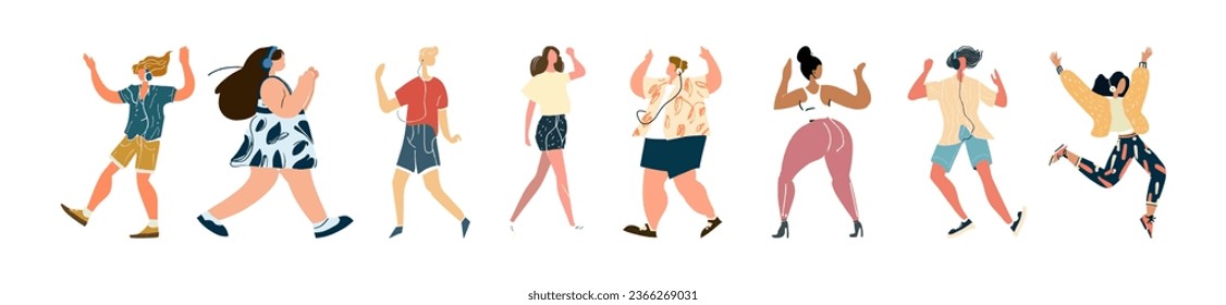 People dance happily while listening to music with headphones. Joy and fun concept. Diverse modern men and women dancing to music. Flat vector illustration. Isolated on white background.