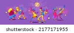 People dance and have fun on disco party. Vector set illustration in contemporary cartoon style with funny male and female characters, happy persons celebrating holiday together and dancing in club