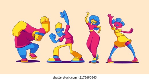 La gente baila y se divierte en la fiesta. Ilustración vectorial en estilo de caricatura contemporánea con graciosos personajes masculinos y femeninos, personas felices celebrando juntos las festividades y bailando