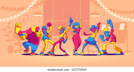 People dance and have fun on office party. Vector illustration in contemporary style with funny employee characters, company team persons celebrating holiday and dancing