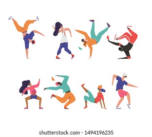 People dance in hip-hop style. Set of dancing people in different poses. Modern flat illustration.