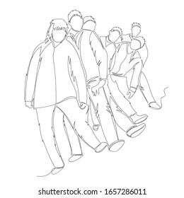 people dance. the people in line. vector contour image of a group of people. one line