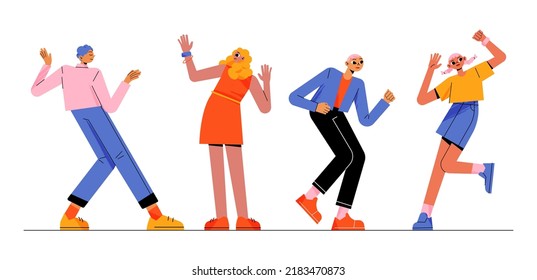 People dance, move body at music tunes. Young male and female characters enjoying melodies. Excited men and women dancing and rejoice at disco party or celebration, Line art flat vector illustration