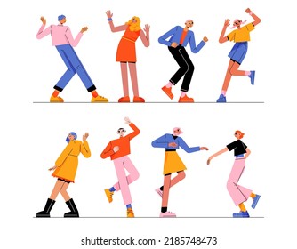 People dance, move body at music tunes. Young male and female characters enjoying melodies. Excited men and women dancing and rejoice at disco party or celebration, Line art flat vector illustration