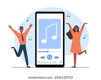 People dance to music. Man and woman near huge smartphone. Playlist with your favorite songs. Leisure and fun, entertainment. Flat vector illustration isolated on white background