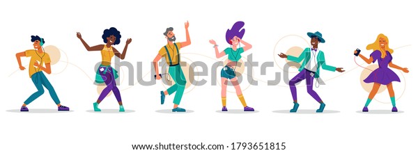 People\
dance, music party dancers, vector flat isolated icons. Girl woman\
and men dancing to music, listening player earphones and headphones\
connected by wire cable, dance club music\
people