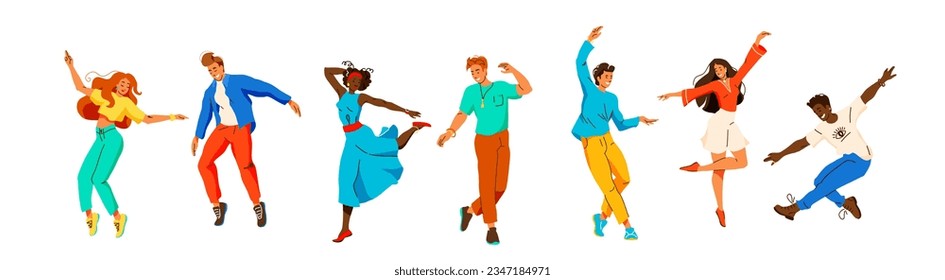 People dance to music vector illustration set. Young diverse man and woman dancing contemp, hip hop, break. Dancers in modern flat style neon color style isolated on white background.