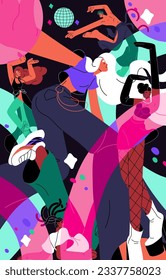 People dance at night club. Festival energy, dicotheque and nightlife for dancer. Modern music, disco ball, trendy party. Young men and women at the concert. Abstract light. Flat vector illustration