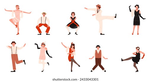 People dance on Charleston party set. Male and female dancer characters dancing to music in 1920s style, Broadway show collection, young woman and man move in funny poses cartoon vector illustration