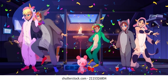 People dance on pajama party on house attic. Vector cartoon illustration of slumber party on mansard with characters in kigurumi, funny pyjamas of unicorn, frog and cow