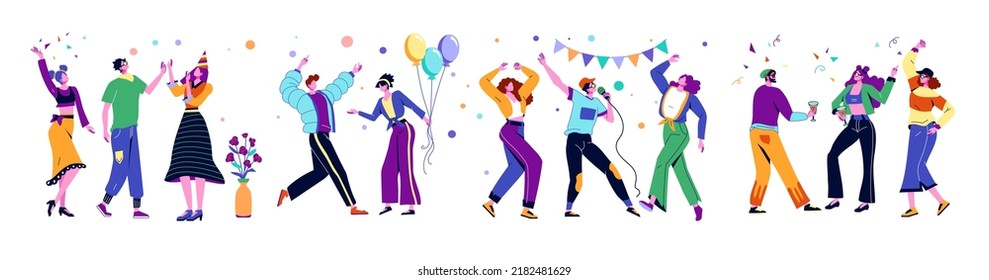 People dance party. Friend birthday, group of person characters, hipster human and simple woman, happy singer man. Bright decor balloons and ribbons, horizontal banner. Vector cartoon flat set