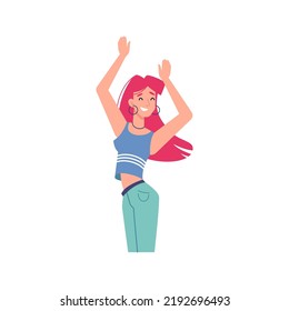 People dance at party or happy flat person at disco. Discotheque woman dancer. Young teen at nightclub or concert. Nightlife activity