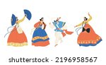 People dance and play musical instruments in traditional Korean clothes. Collection of vector illustrations in flat style