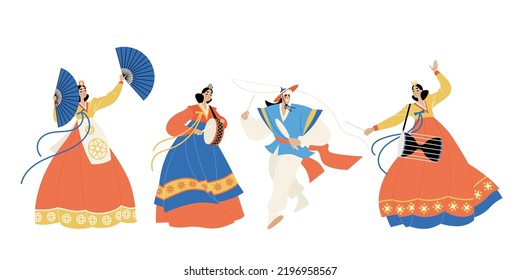 People dance and play musical instruments in traditional Korean clothes. Collection of vector illustrations in flat style