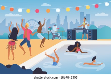 People Dance In Pool Party Vector Illustration. Cartoon Happy Man Woman Dancer Characters Dancing, Jumping In Water Resort Swimming Pool, Have Fun In Tropical Music Beach Cocktail Party Background