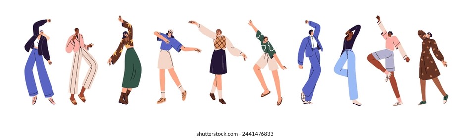 People dance set. Different happy dancers perform at party. Cheerful performers move by music. Young men and women have fun, celebrate, rejoice. Flat isolated vector illustration no white background