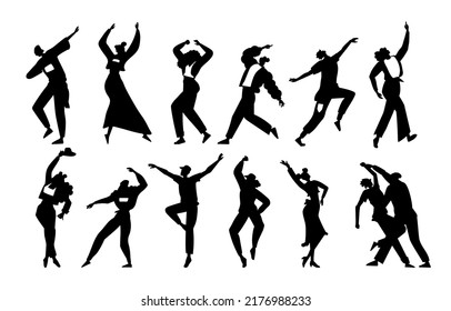 People dance silhouettes. Party person shadows. Disco crowd dancers. Happy man and woman black figures. Music concert. Choreography positions. Body motions set. Vector performers actions