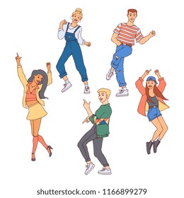 People dance vector illustration set - diversity young men and women doing movements and having fun in sketch style isolated on white background. Hand drawn boys and girls at party or dancing class.