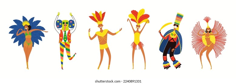 People, dancers in Colombian carnival traditional costumes, isolated on white. Hand drawn cartoon characters vector illustration. Barranquilla concept, design element for poster, flyer, banner