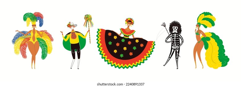 People, dancers in Colombian carnival traditional costumes, isolated on white. Hand drawn cartoon characters vector illustration. Barranquilla concept, design element for poster, flyer, banner