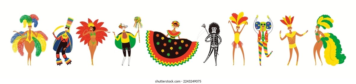 People, dancers in Colombian carnival traditional costumes, isolated on white. Hand drawn cartoon characters vector illustration. Barranquilla concept, design element for poster, flyer, banner