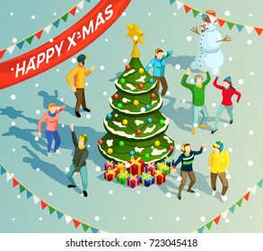 People dancing around christmas tree at new year holiday party 3d isometric vector illustration